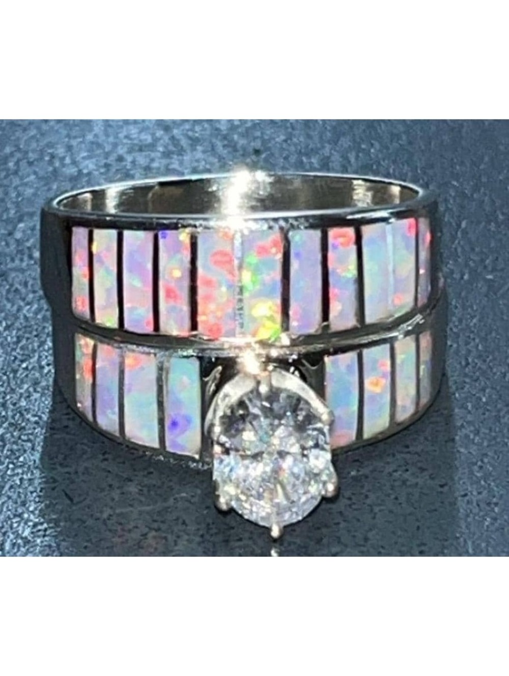 Navajo sterling silver traditional wedding band set cz opal inlay ring size 9.5